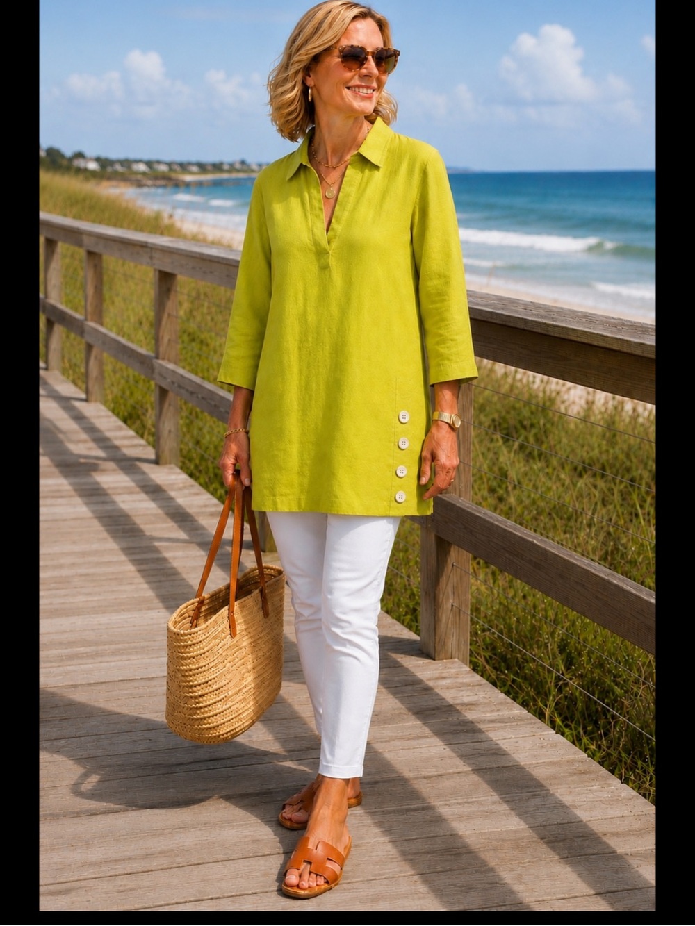 Tahari 100% Linen Lime Green Tunic Blouse 1X Mother-of-Pearl Side Slit Buttons - Picture 2 of 16